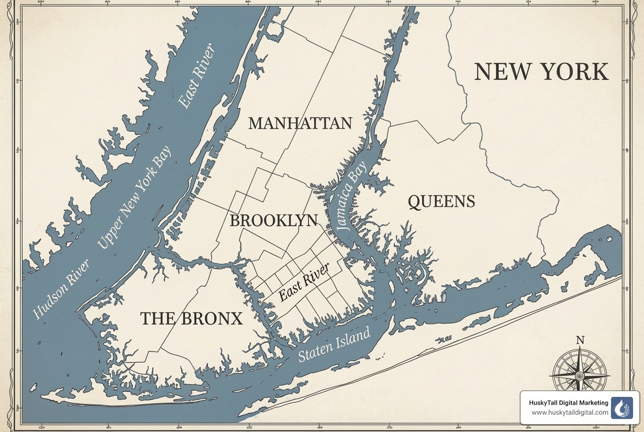 Map of NYC's five boroughs - local large business seo company new york Map of NYC's five boroughs - local large business seo company new york