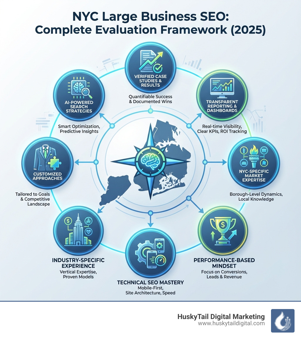 Infographic showing the complete evaluation framework for choosing a local large business SEO company in New York, including eight key criteria: verified case studies and quantifiable results, transparent reporting with custom dashboards, NYC-specific market expertise across all five boroughs, technical SEO mastery including mobile optimization, AI-powered search strategies, customized approaches tailored to business goals, industry-specific experience in your vertical, and performance-based mindset focused on conversions and ROI - local large business seo company new york infographic Infographic showing the complete evaluation framework for choosing a local large business SEO company in New York, including eight key criteria: verified case studies and quantifiable results, transparent reporting with custom dashboards, NYC-specific market expertise across all five boroughs, technical SEO mastery including mobile optimization, AI-powered search strategies, customized approaches tailored to business goals, industry-specific experience in your vertical, and performance-based mindset focused on conversions and ROI - local large business seo company new york infographic
