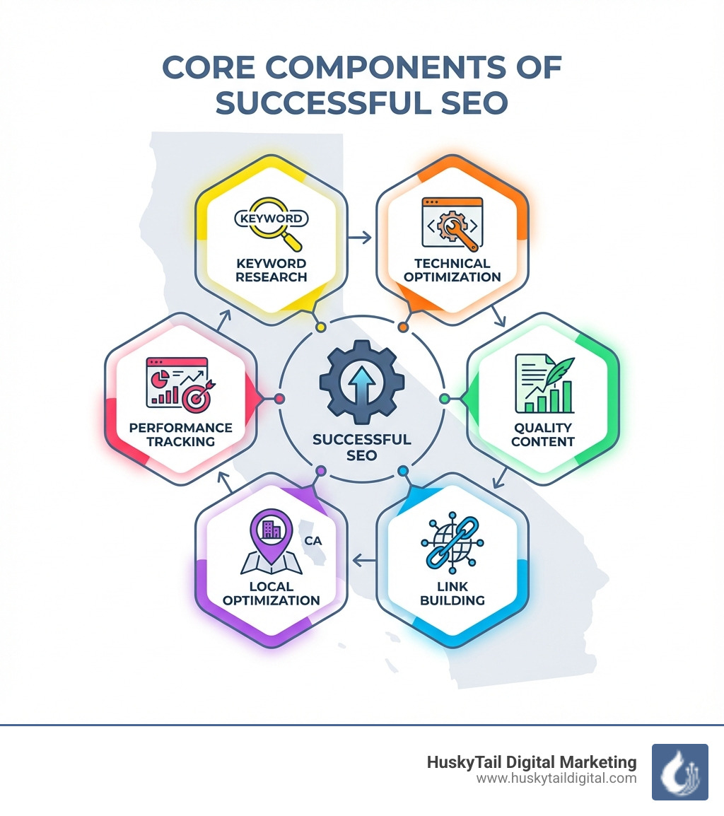 Infographic showing the core components of successful SEO: keyword research, technical optimization, quality content, link building, local optimization, and performance tracking - seo companies california infographic Infographic showing the core components of successful SEO: keyword research, technical optimization, quality content, link building, local optimization, and performance tracking - seo companies california infographic