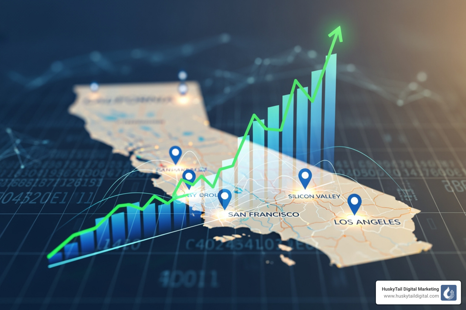 Graph showing upward growth over a map of California - seo companies california Graph showing upward growth over a map of California - seo companies california