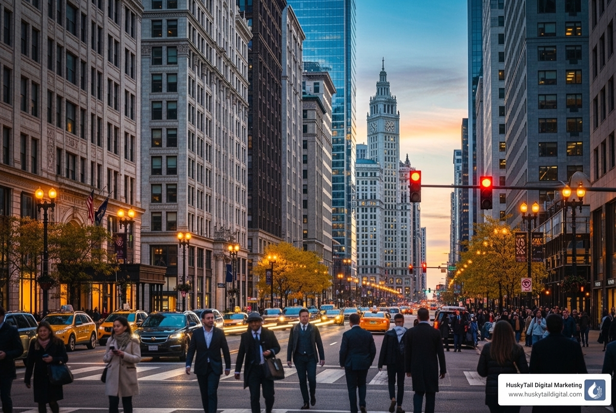 busy Chicago street like Michigan Avenue - chicago seo services