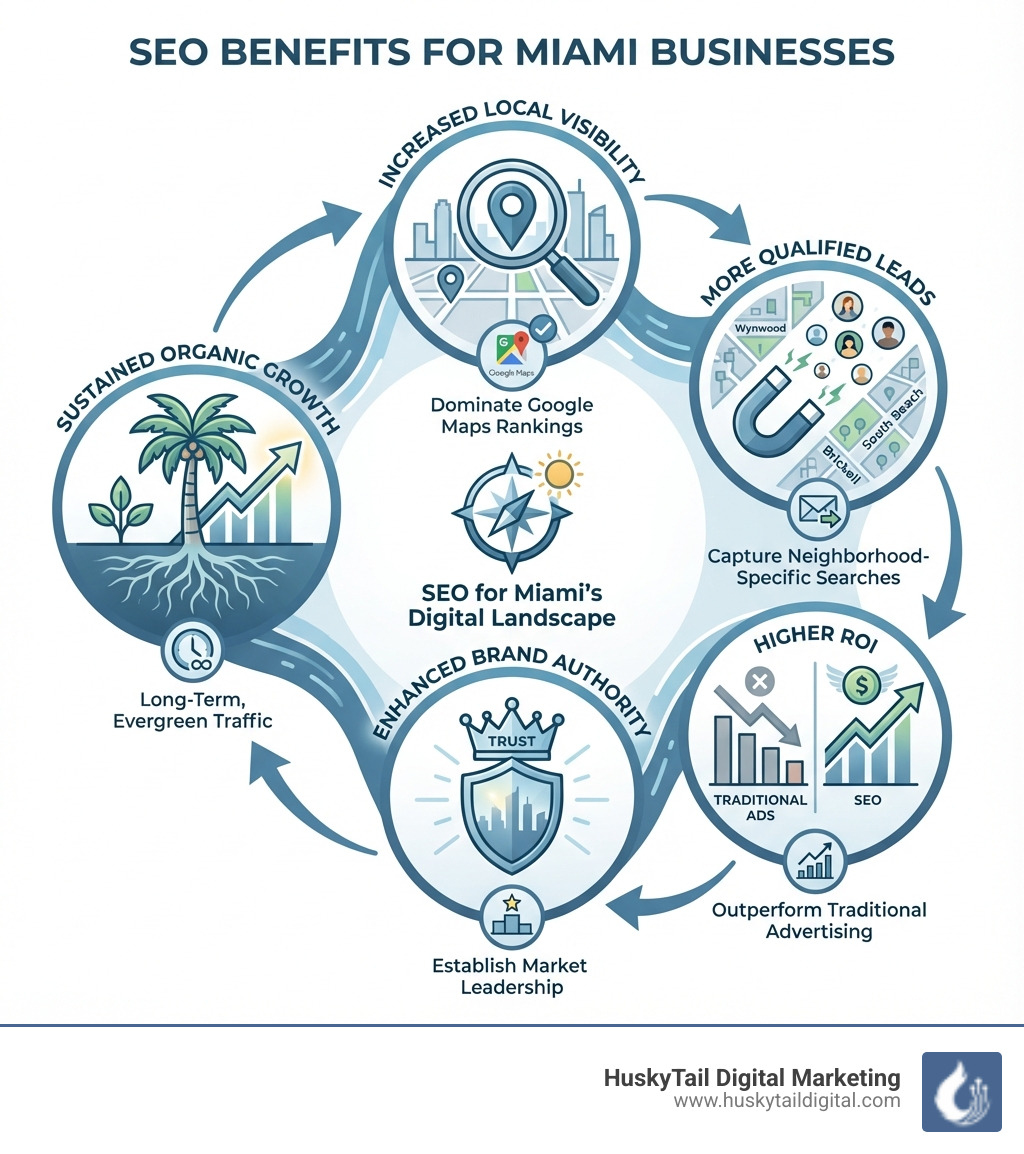 Infographic showing SEO benefits for Miami businesses: Increased local visibility through Google Maps rankings, more qualified leads from neighborhood-specific searches, higher ROI compared to traditional advertising, enhanced brand authority in competitive Miami markets, and sustained organic growth over time - seo optimization miami fl infographic 