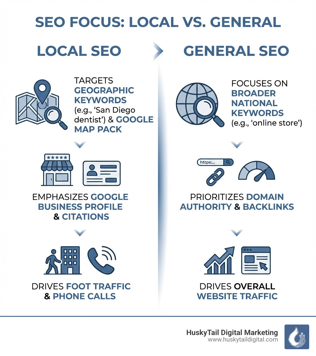 Infographic comparing Local SEO vs General SEO showing key differences: Local SEO targets geographic keywords and Google Map Pack while General SEO focuses on broader national keywords; Local SEO emphasizes Google Business Profile and citations while General SEO prioritizes domain authority and backlinks; Local SEO drives foot traffic and phone calls while General SEO drives overall website traffic - local seo experts san diego infographic Infographic comparing Local SEO vs General SEO showing key differences: Local SEO targets geographic keywords and Google Map Pack while General SEO focuses on broader national keywords; Local SEO emphasizes Google Business Profile and citations while General SEO prioritizes domain authority and backlinks; Local SEO drives foot traffic and phone calls while General SEO drives overall website traffic - local seo experts san diego infographic