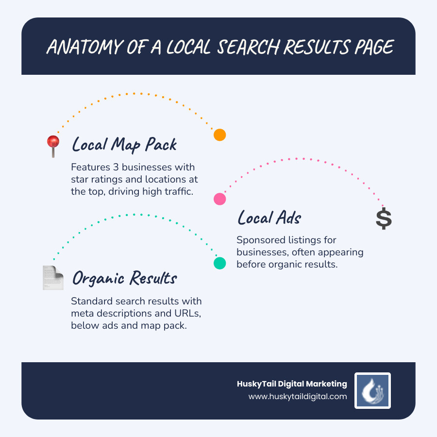 Infographic showing the anatomy of a local search results page with three main sections: the Local Map Pack at the top featuring 3 businesses with star ratings and locations, followed by Local Ads showing sponsored business listings, and Organic Results below displaying standard search results with meta descriptions and URLs - local seo houston metro area infographic infographic-line-3-steps-blues-accent_colors