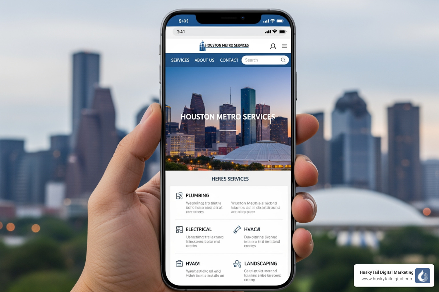 Smartphone displaying a mobile-friendly Houston business website - local seo houston metro area