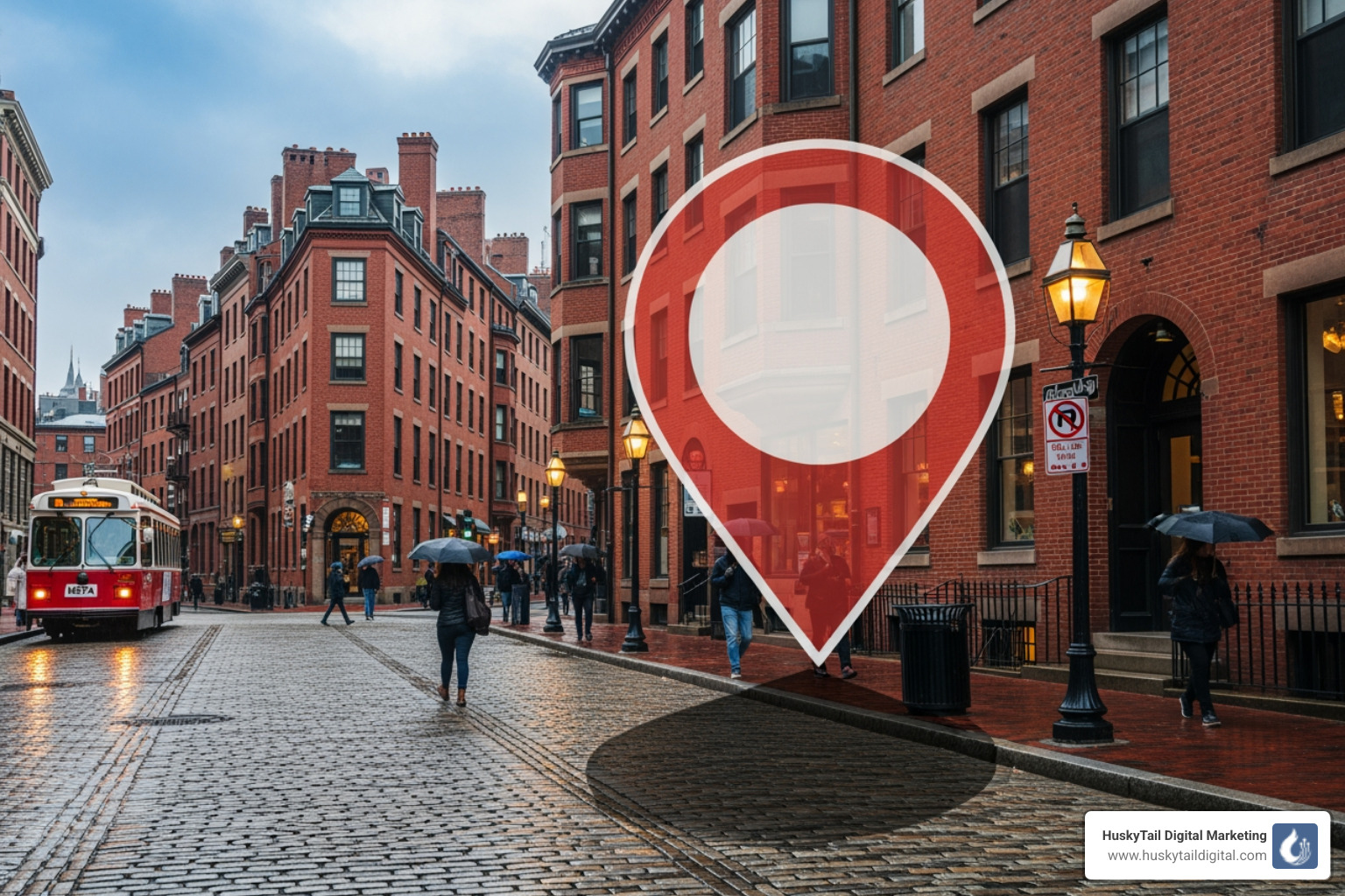 Boston street with digital map pin - google my business boston