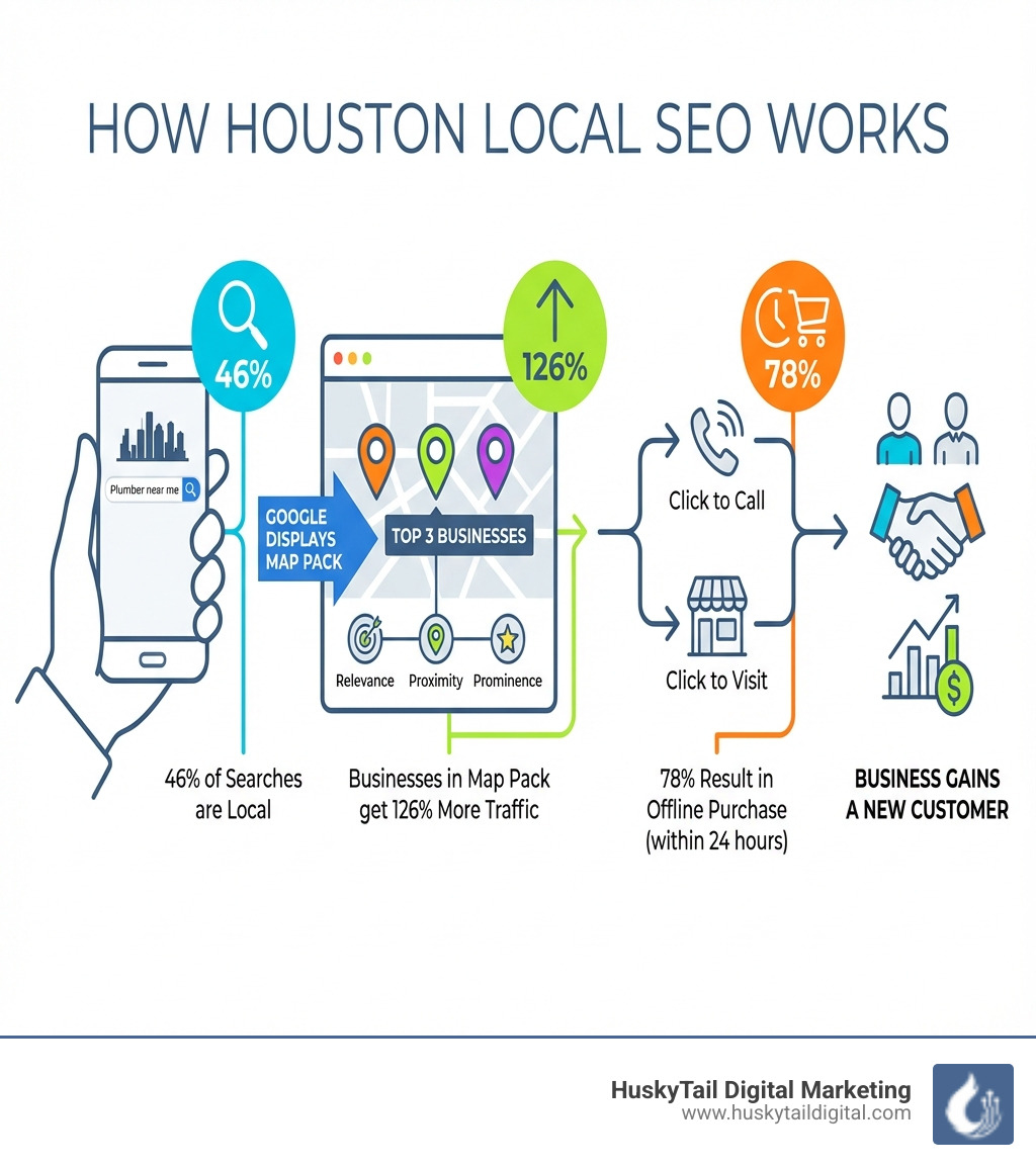 Infographic showing how Houston Local SEO works: A customer searches on mobile for a local service, Google displays the Map Pack with top 3 businesses based on relevance, proximity, and prominence, customer clicks to call or visit, business gains a new customer. Includes statistics: 46% of searches are local, 78% result in offline purchase within 24 hours, businesses in Map Pack get 126% more traffic. - houston local seo infographic 