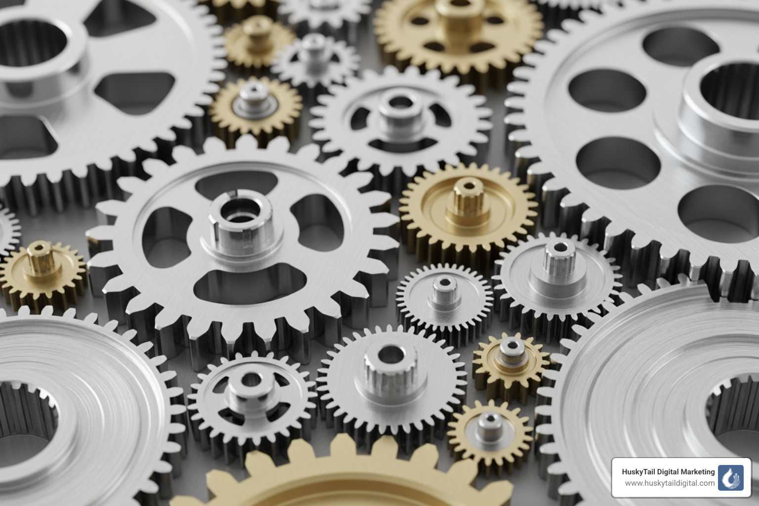 Image of interconnected gears labeled with SEO pillars such as Technical SEO, On-Page SEO, Local SEO, Content Creation, and Link Building - atlanta search engine optimization
