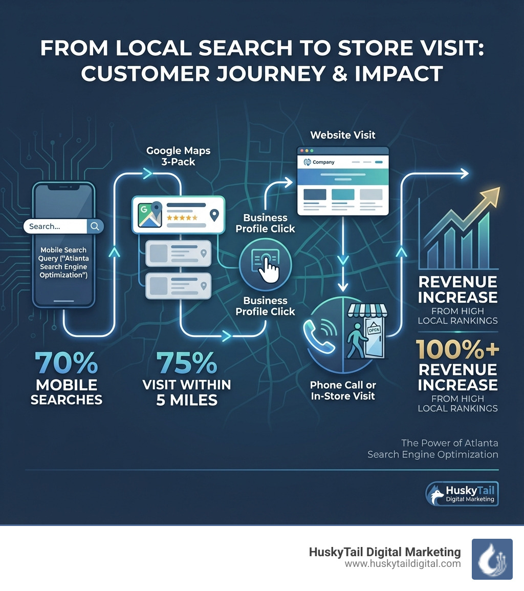 Infographic showing the customer journey from local search to store visit: Mobile search query → Google Maps 3-pack → Business profile click → Website visit → Phone call or in-store visit, with statistics showing 70% mobile search, 75% visit within 5 miles, and 100%+ revenue increase from high local rankings - atlanta search engine optimization infographic 