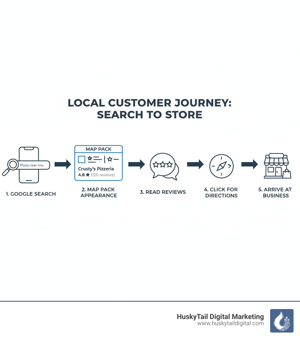 infographic showing the customer journey from searching "near me" on Google to visiting a local business, including steps like Map Pack appearance, reading reviews, clicking for directions, and arriving at storefront - local SEO expert near me infographic 