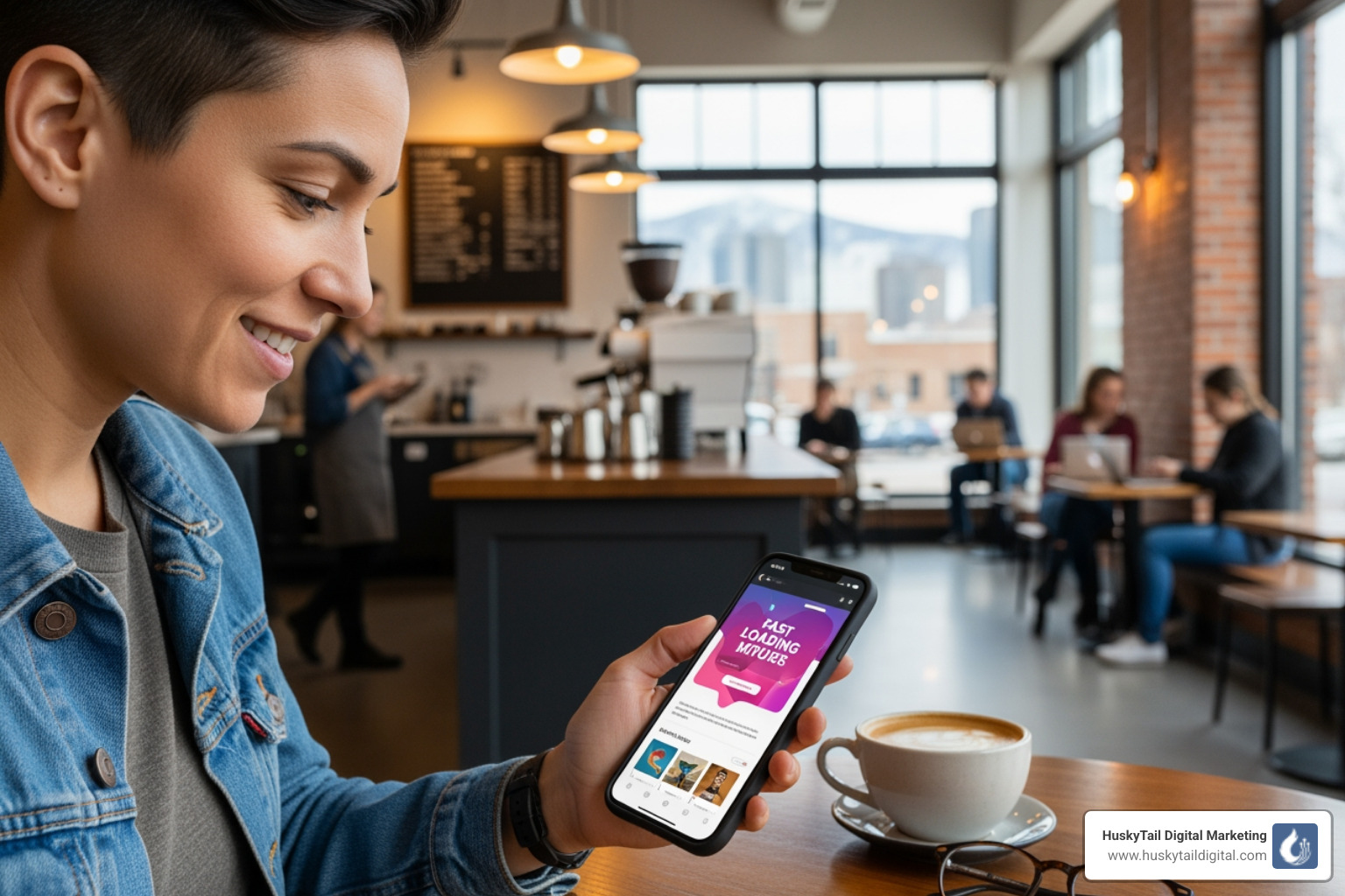 A person happily browsing a fast-loading website on their phone in a Denver coffee shop - website optimization Denver