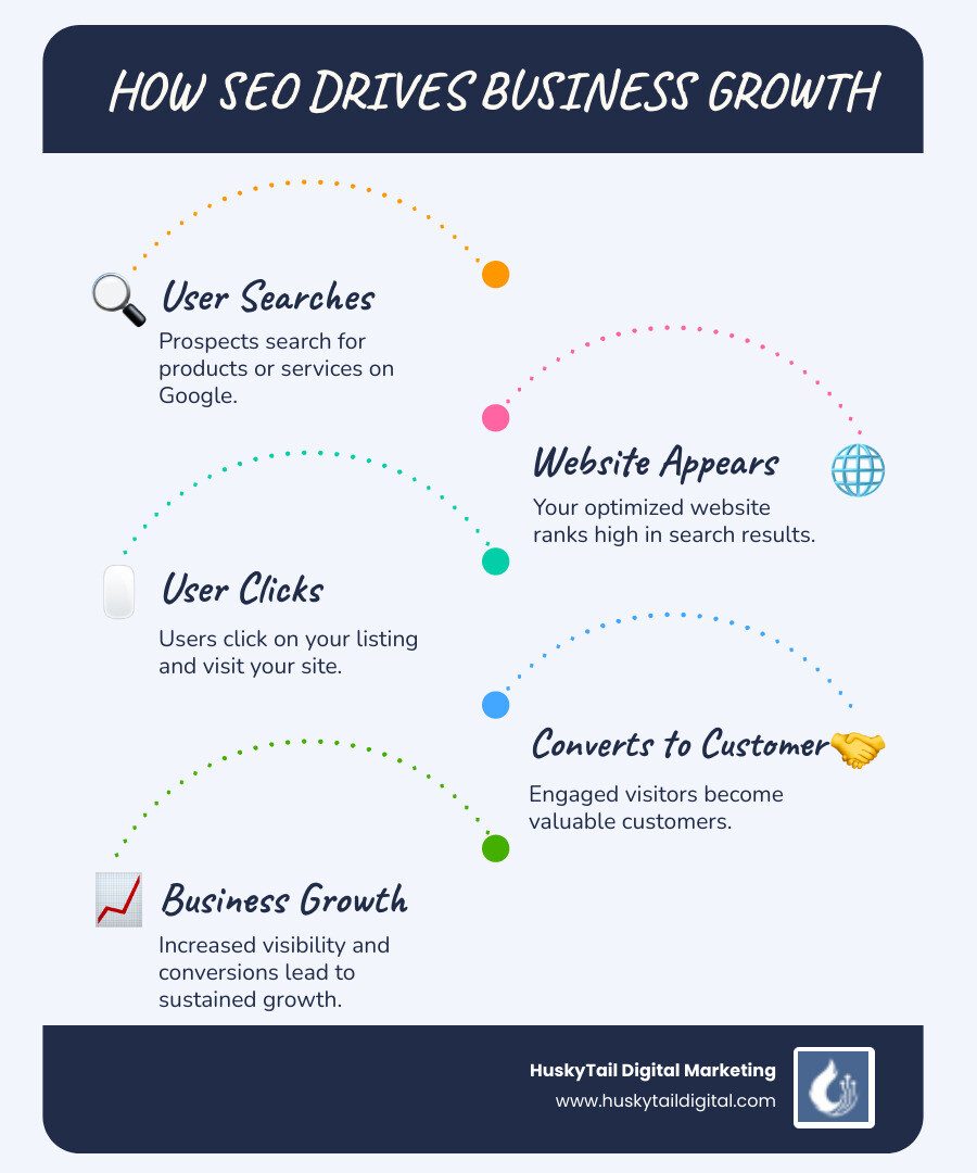 Infographic showing how SEO works: User searches on Google → Your optimized website appears in results → User clicks and visits your site → They become a customer → Your business grows, with arrows showing the cycle continuing as rankings improve - austin seo company infographic infographic-line-5-steps-blues-accent_colors