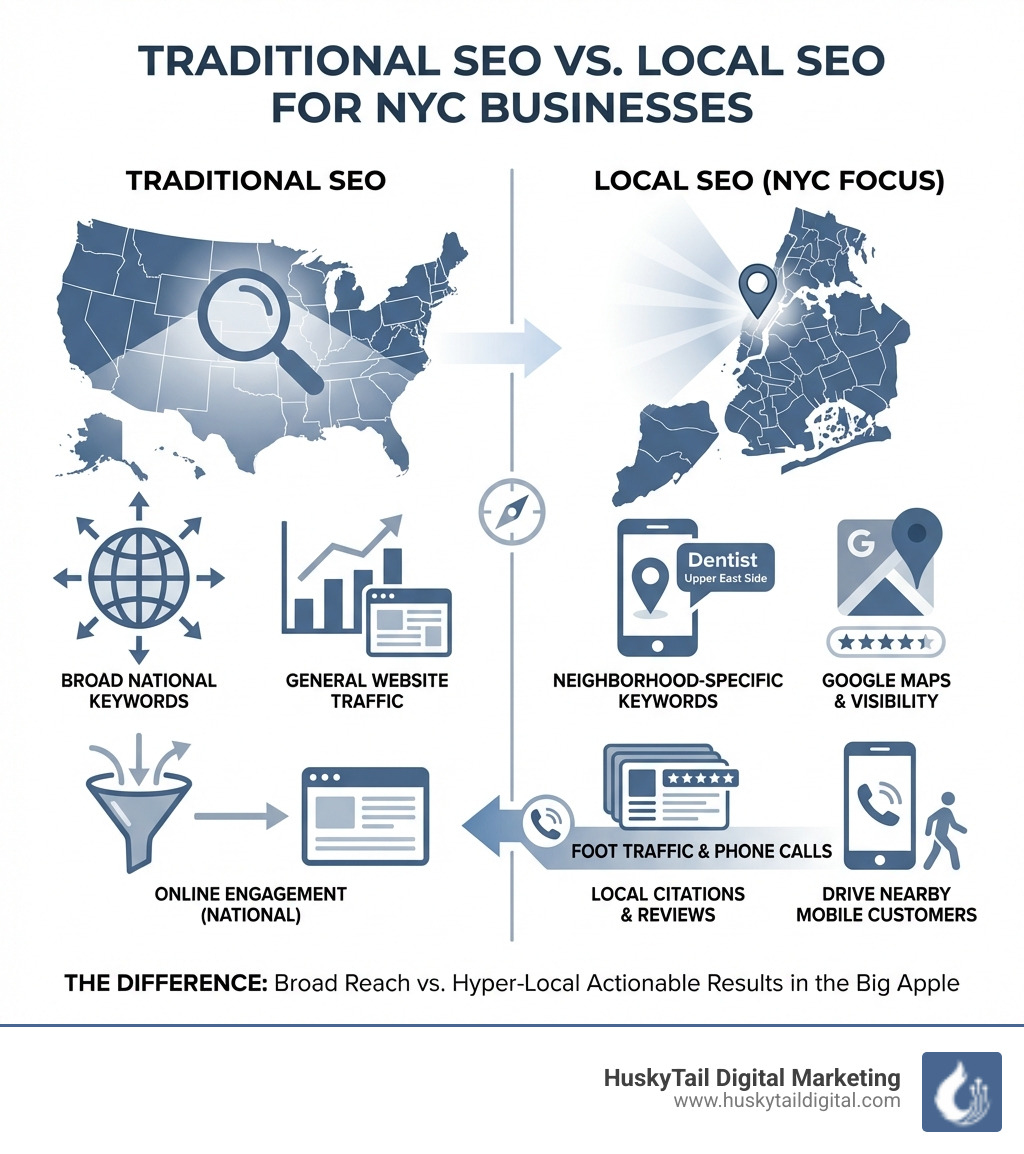 Infographic showing the difference between traditional SEO and local SEO for a NYC business: Traditional SEO targets broad national keywords and general website traffic, while Local SEO focuses on neighborhood-specific keywords, Google Maps visibility, local citations, reviews, and driving foot traffic or phone calls from nearby customers searching on mobile devices - new york local seo agency infographic Infographic showing the difference between traditional SEO and local SEO for a NYC business: Traditional SEO targets broad national keywords and general website traffic, while Local SEO focuses on neighborhood-specific keywords, Google Maps visibility, local citations, reviews, and driving foot traffic or phone calls from nearby customers searching on mobile devices - new york local seo agency infographic
