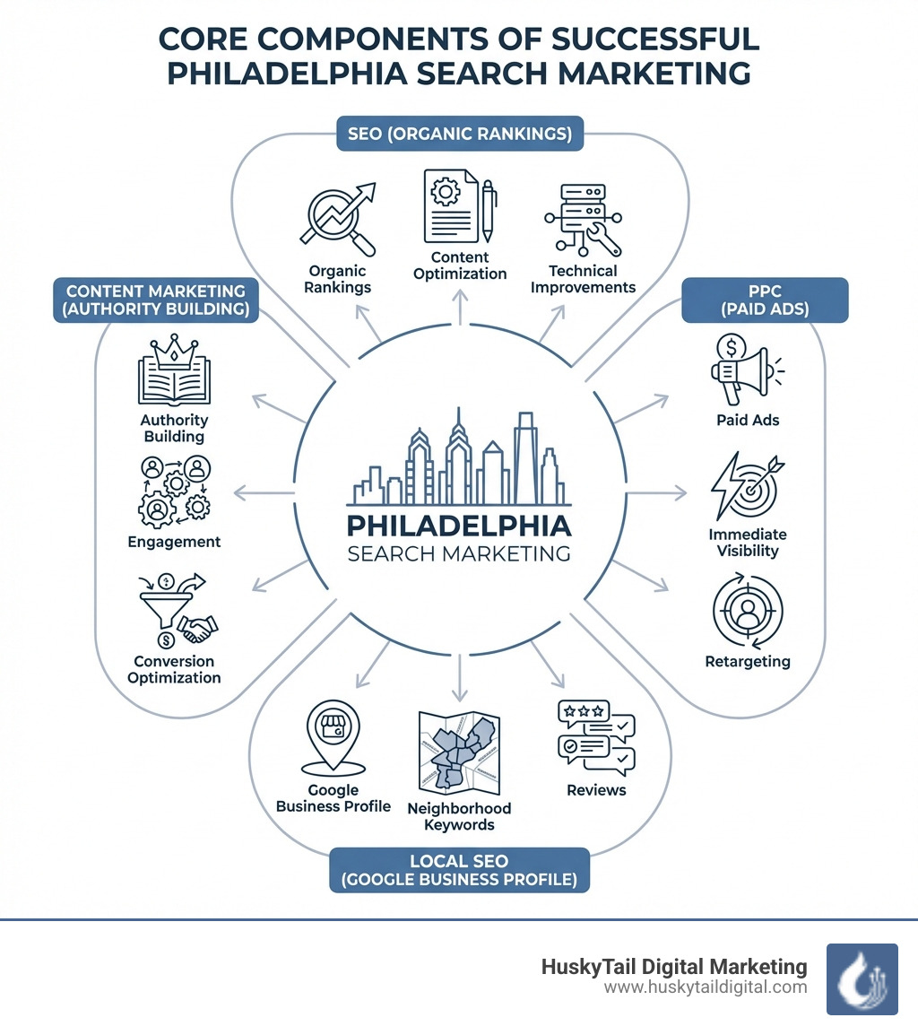 Infographic showing the core components of successful Philadelphia search marketing: SEO (organic rankings, content optimization, technical improvements), PPC (paid ads, immediate visibility, retargeting), Local SEO (Google Business Profile, neighborhood keywords, reviews), and Content Marketing (authority building, engagement, conversion optimization) - Philadelphia search marketing infographic 