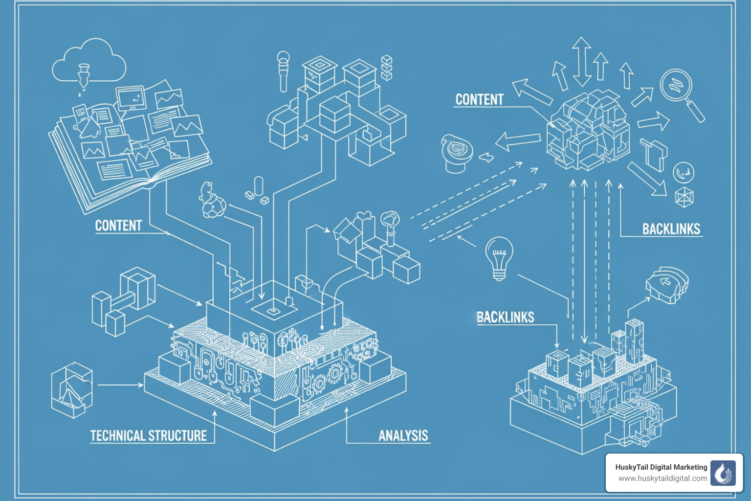 A blueprint showing various components of an SEO strategy - seo marketing san francisco