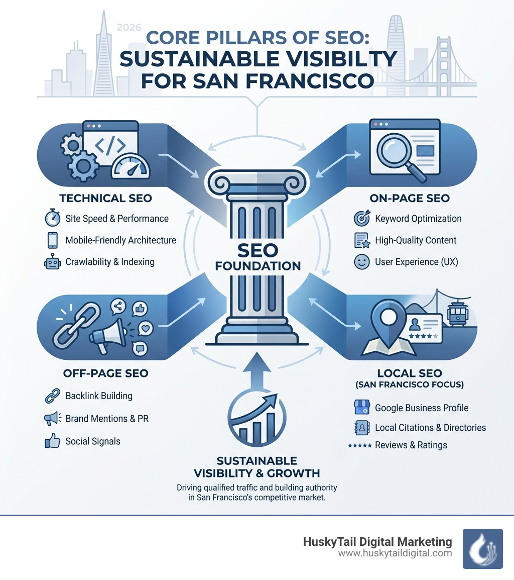 Infographic explaining the core pillars of SEO: Technical, On-Page, Off-Page, and Local - seo marketing san francisco infographic 