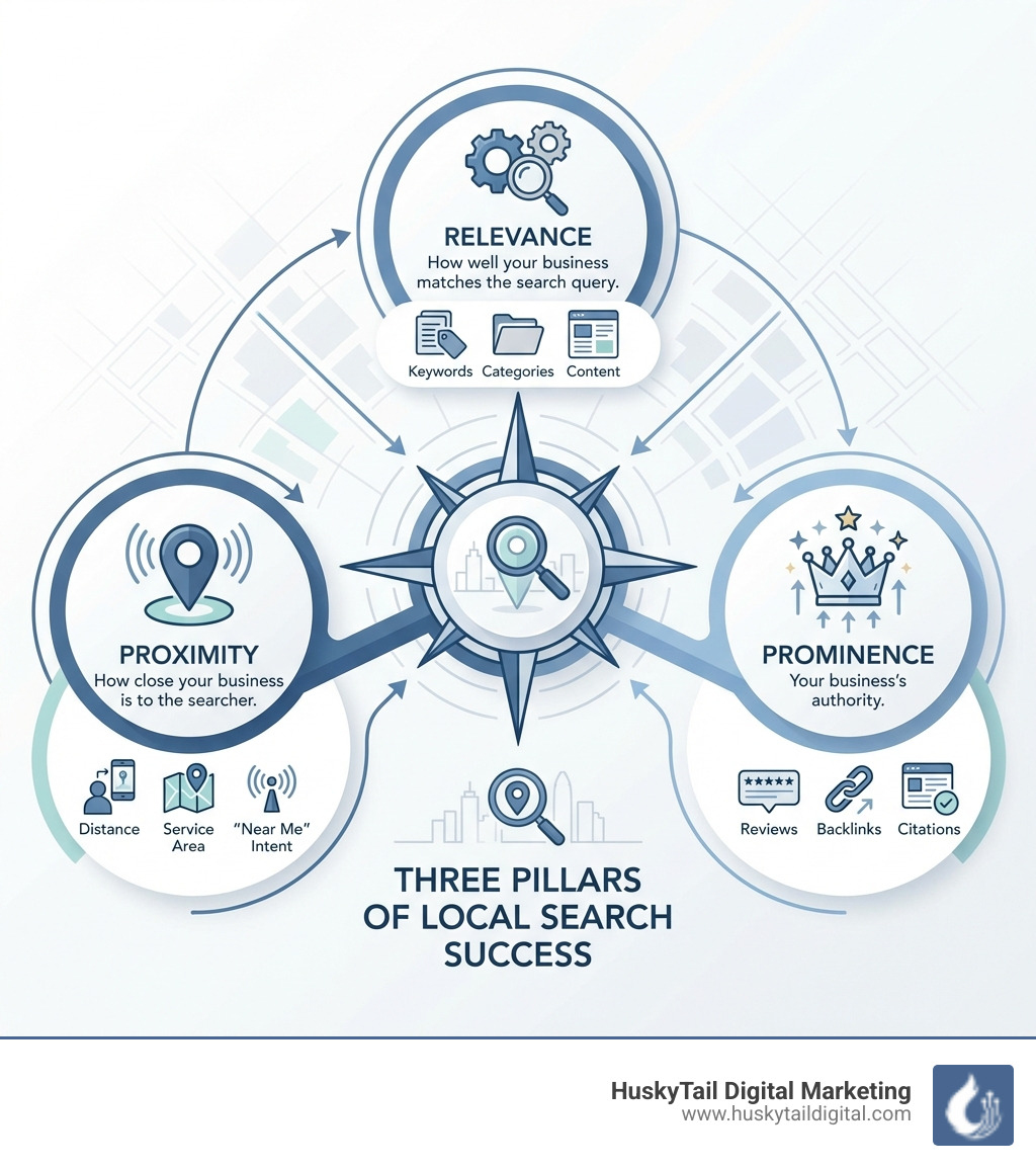Infographic showing the three pillars of local search success: Proximity (how close your business is to the searcher), Relevance (how well your business matches the search query through keywords, categories, and content), and Prominence (your business's authority through reviews, citations, and backlinks) - local search Charlotte infographic 