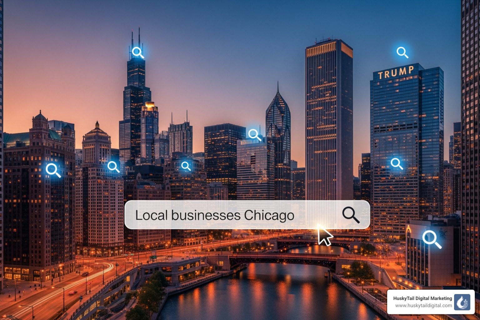 Chicago skyline with digital search elements - chicago local seo firm Chicago skyline with digital search elements - chicago local seo firm