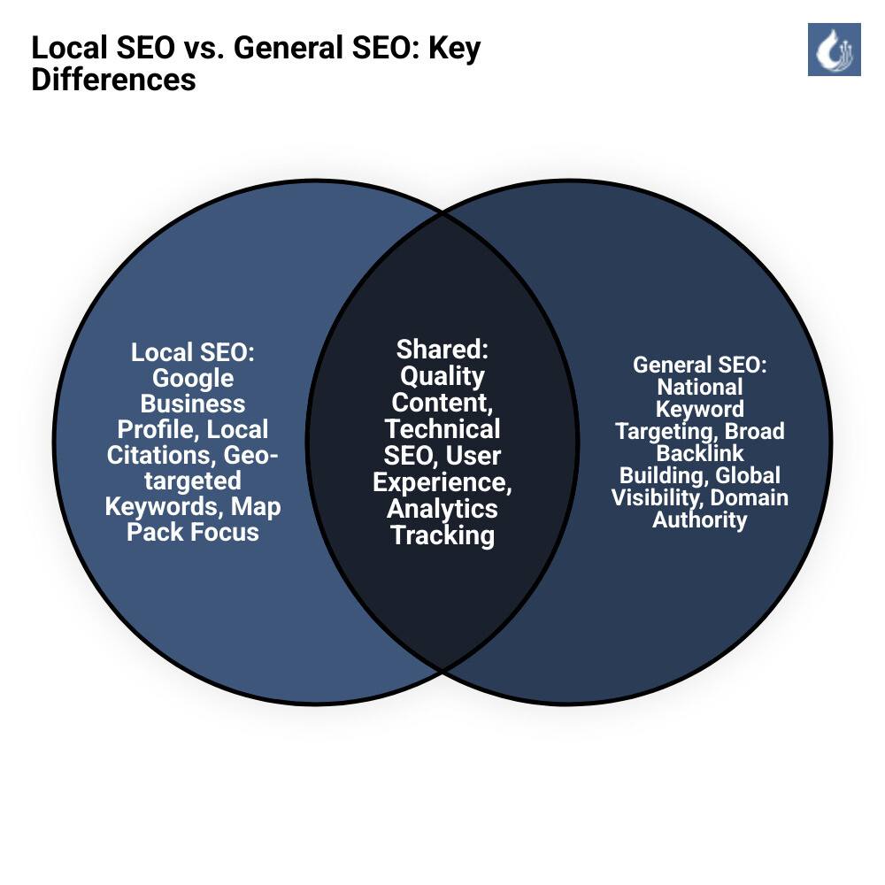 Infographic showing the key differences between Local SEO and General SEO, including Google Business Profile optimization, local citations, neighborhood-specific keywords, local pack rankings versus national keyword targeting, backlink building, and technical site optimization - chicago local seo firm infographic venn_diagram Infographic showing the key differences between Local SEO and General SEO, including Google Business Profile optimization, local citations, neighborhood-specific keywords, local pack rankings versus national keyword targeting, backlink building, and technical site optimization - chicago local seo firm infographic venn_diagram