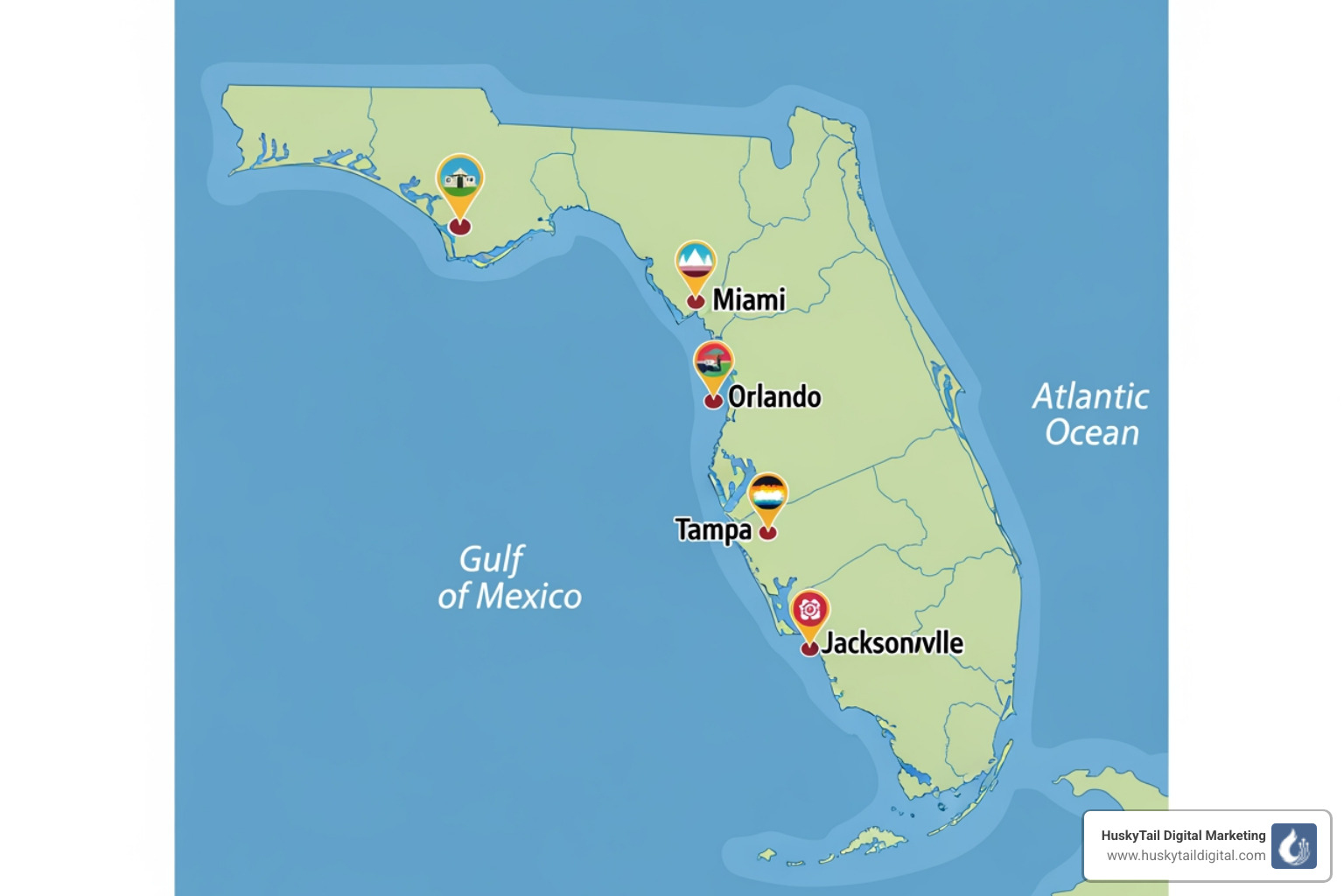 Map of Florida highlighting major business hubs like Miami, Orlando, Tampa, and Jacksonville - florida search engine optimization company Map of Florida highlighting major business hubs like Miami, Orlando, Tampa, and Jacksonville - florida search engine optimization company