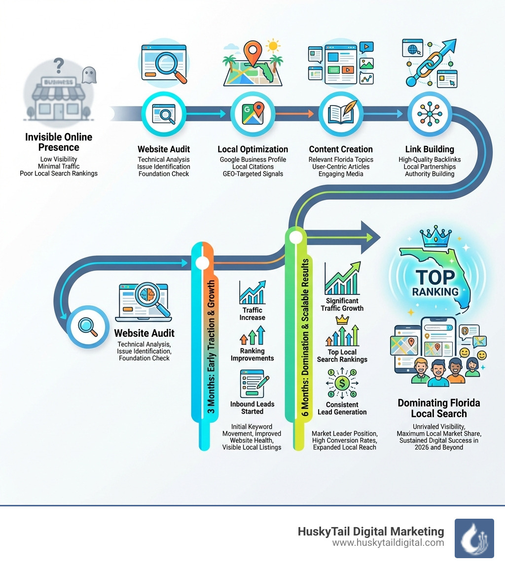 Infographic showing the journey from invisible online presence to dominating Florida local search results, including steps like website audit, keyword research, local optimization, content creation, and link building, with timeline markers at 3 months and 6 months showing traffic and ranking improvements - florida search engine optimization company infographic Infographic showing the journey from invisible online presence to dominating Florida local search results, including steps like website audit, keyword research, local optimization, content creation, and link building, with timeline markers at 3 months and 6 months showing traffic and ranking improvements - florida search engine optimization company infographic