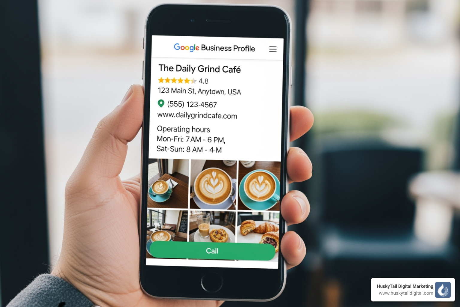 A smartphone displaying a well-optimized Google Business Profile page for a fictional Tampa business, showing name, address, phone, website, hours, photos, a "Call" button, and a high star rating. - Tampa local search