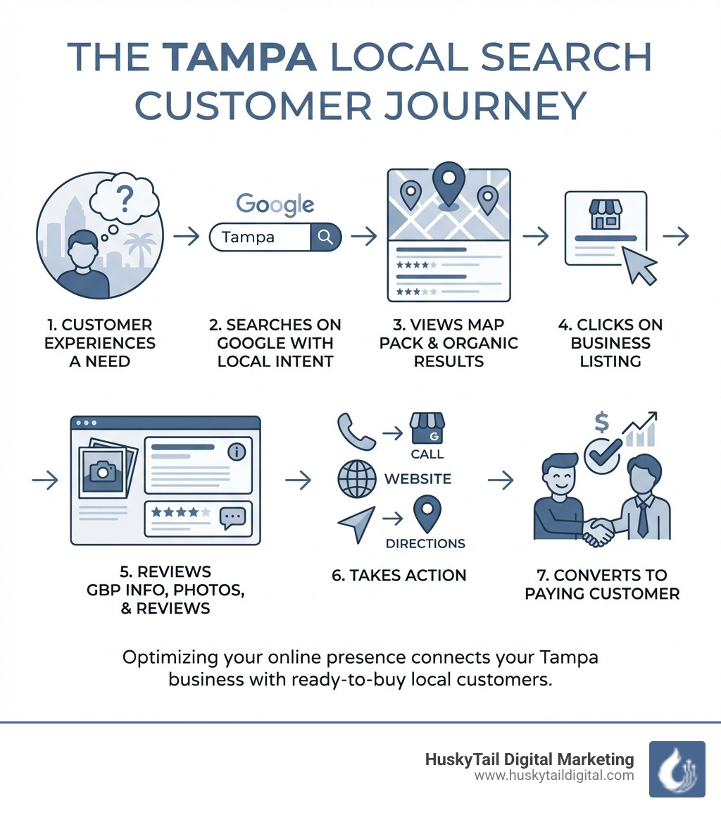 Infographic showing the Tampa local search customer journey: Customer experiences a need → Searches on Google with local intent → Views Map Pack and local organic results → Clicks on business listing → Reviews GBP info, photos, and reviews → Takes action (calls, visits website, gets directions) → Converts to paying customer - Tampa local search infographic 