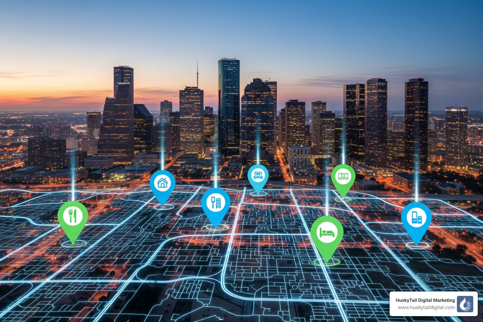 Houston skyline with digital map pins - Houston local SEO services Houston skyline with digital map pins - Houston local SEO services