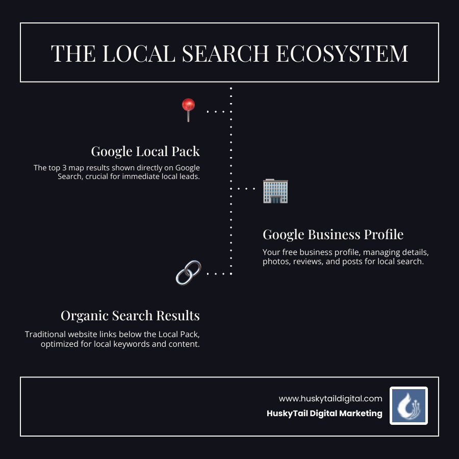 Infographic showing the local search ecosystem with three main components: Google Local Pack (top 3 map results), Google Business Profile (right sidebar with business details, reviews, photos), and Organic Search Results (traditional blue links below), with arrows showing how they connect and influence each other - Houston local SEO services infographic infographic-line-3-steps-dark Infographic showing the local search ecosystem with three main components: Google Local Pack (top 3 map results), Google Business Profile (right sidebar with business details, reviews, photos), and Organic Search Results (traditional blue links below), with arrows showing how they connect and influence each other - Houston local SEO services infographic infographic-line-3-steps-dark