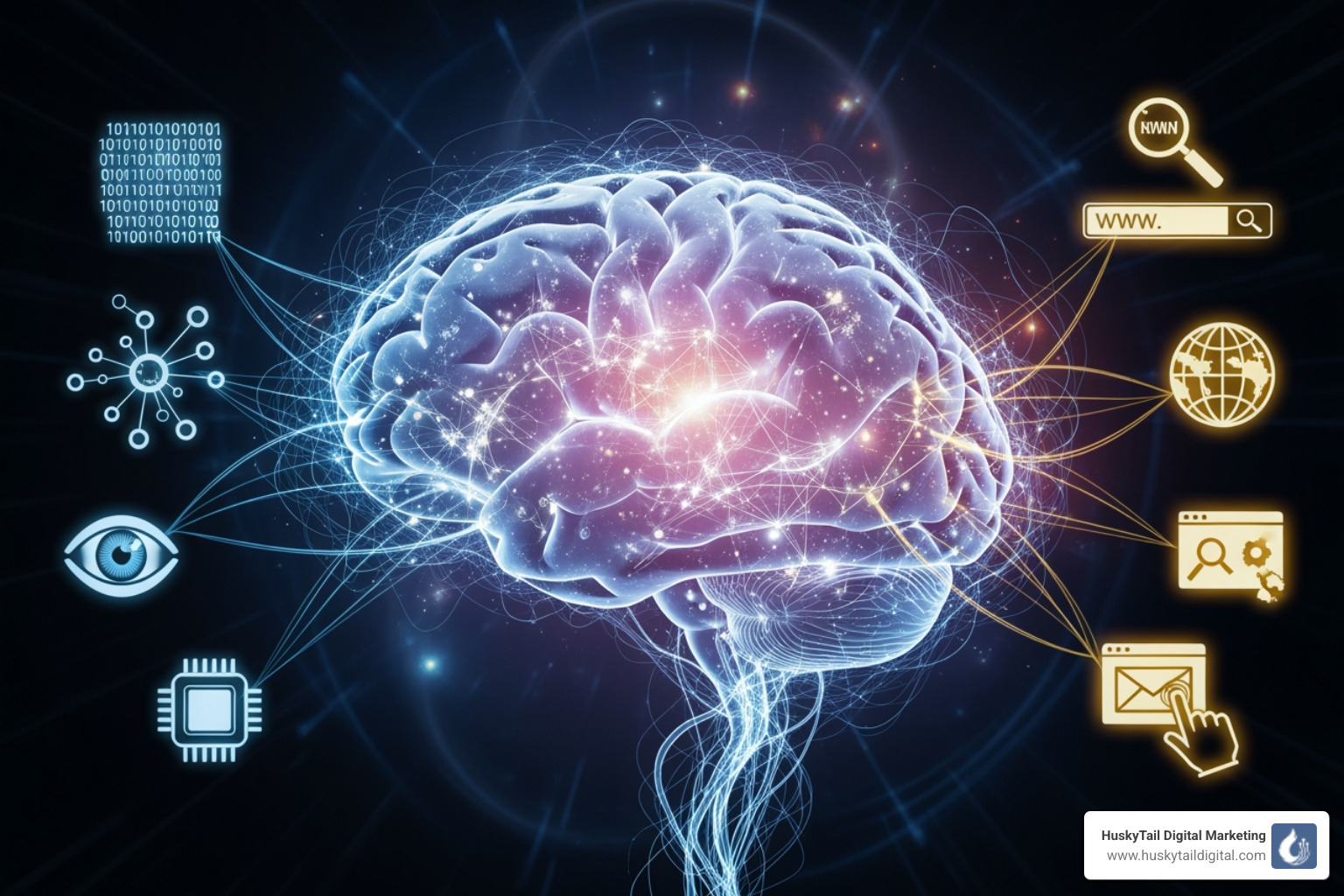 brain with interconnected AI and search engine logos - boston seo expert