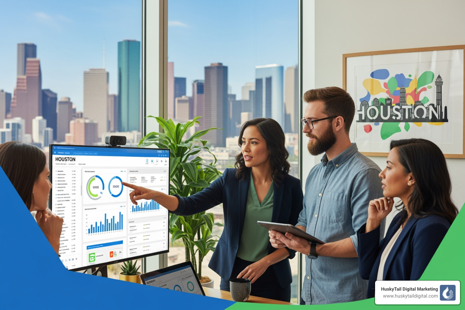 Busy Houston storefront street with people walking and signage - houston local seo company