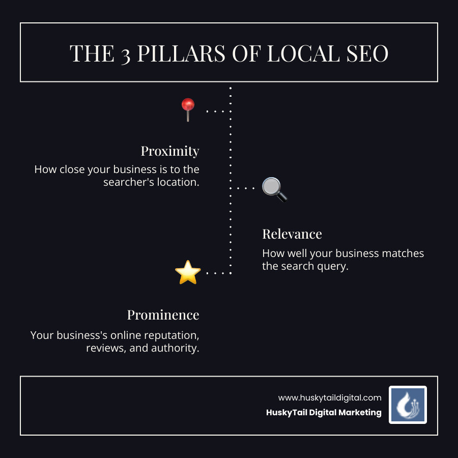 Infographic showing the 3 pillars of local SEO: Proximity (how close your business is to the searcher), Relevance (how well your business matches the search query), and Prominence (how well-known and trusted your business is online through reviews, citations, and backlinks) - houston local seo company infographic infographic-line-3-steps-dark