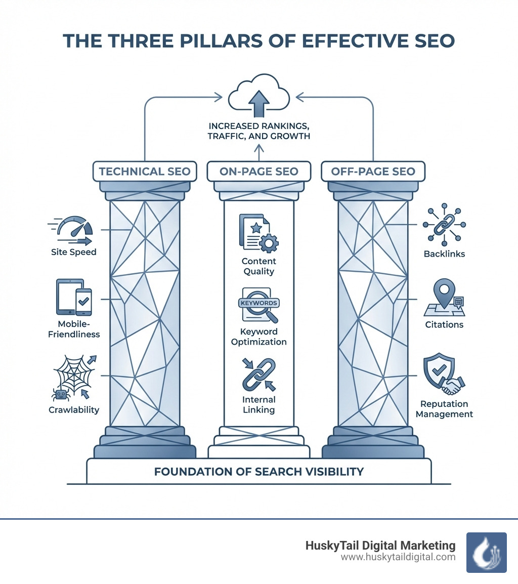 Infographic showing the three pillars of effective SEO: Technical SEO (site speed, mobile-friendliness, crawlability), On-Page SEO (content quality, keyword optimization, internal linking), and Off-Page SEO (backlinks, citations, reputation management) - atlanta seo consultant infographic 