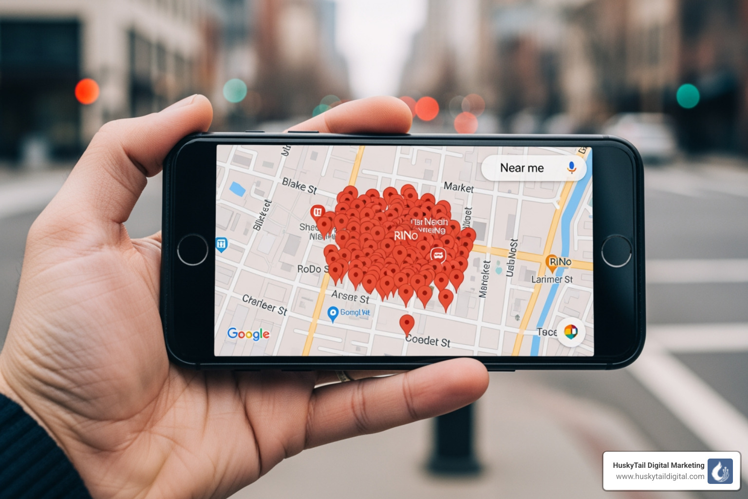 Smartphone showing Google Maps with a "near me" search in a Denver neighborhood like LoDo or RiNo - denver local seo Smartphone showing Google Maps with a "near me" search in a Denver neighborhood like LoDo or RiNo - denver local seo