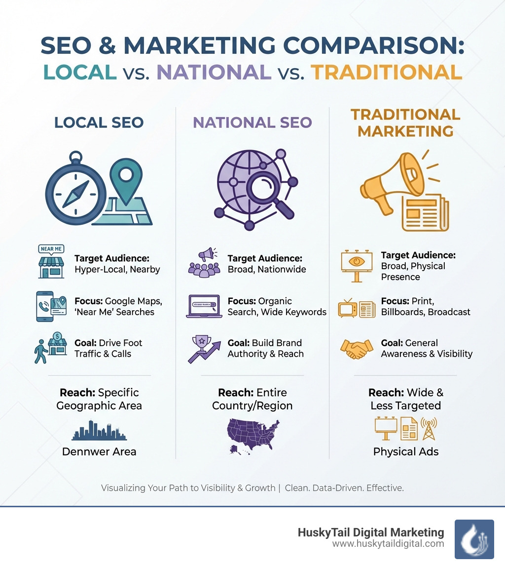 Infographic explaining the difference between Local SEO, National SEO, and Traditional Marketing - denver local seo infographic Infographic explaining the difference between Local SEO, National SEO, and Traditional Marketing - denver local seo infographic