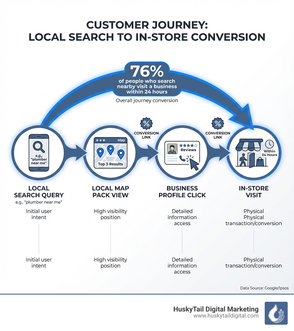 infographic showing the customer journey from local search query to map pack view to business profile click to in-store visit with conversion metrics at each step - seo local results infographic infographic showing the customer journey from local search query to map pack view to business profile click to in-store visit with conversion metrics at each step - seo local results infographic