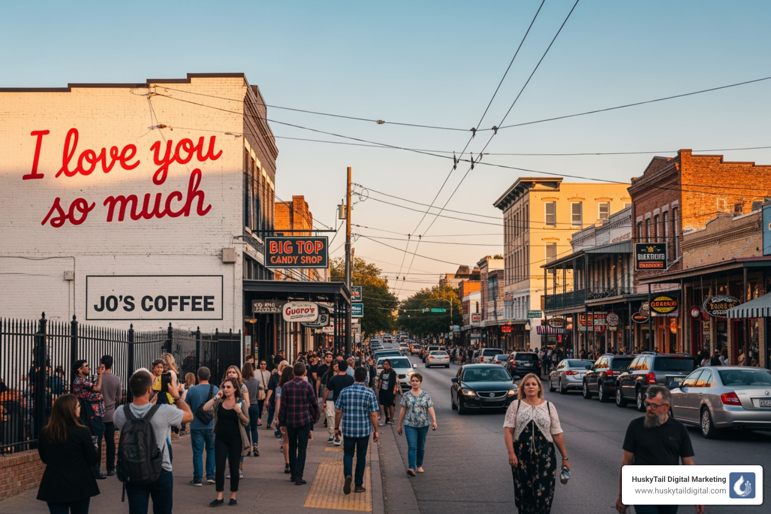A busy street scene on South Congress in Austin, with shops, people, and the iconic "I love you so much" mural. - seo in austin texas A busy street scene on South Congress in Austin, with shops, people, and the iconic "I love you so much" mural. - seo in austin texas