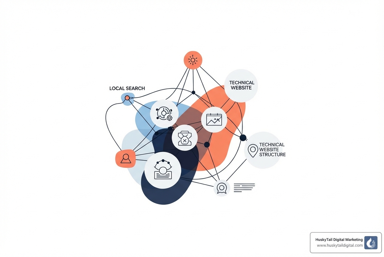 A digital marketing strategy mind map, illustrating interconnected SEO components like local SEO, technical SEO, content marketing, and analytics. - seo in austin texas A digital marketing strategy mind map, illustrating interconnected SEO components like local SEO, technical SEO, content marketing, and analytics. - seo in austin texas