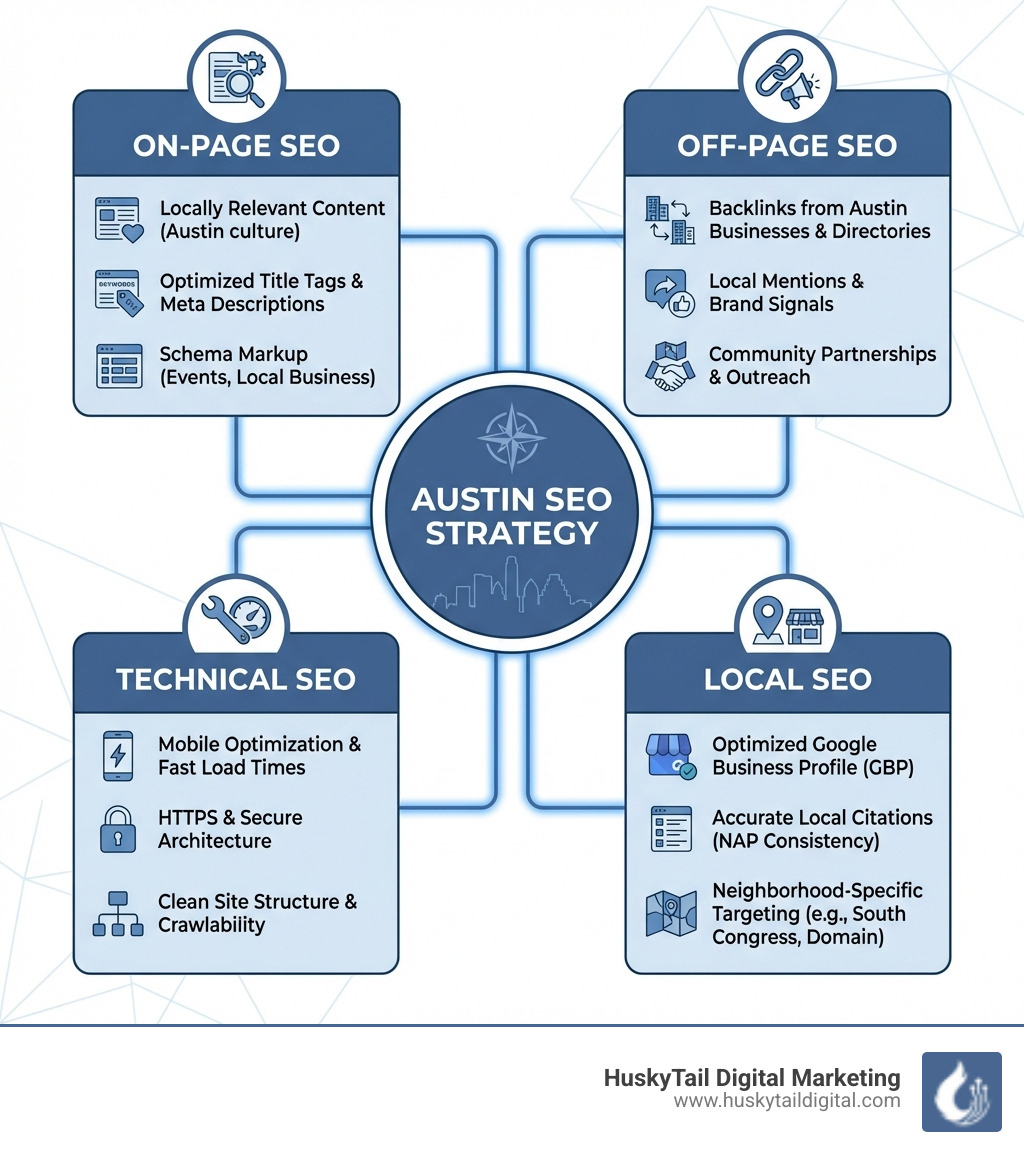 Infographic showing the four pillars of successful Austin SEO strategy: On-Page, Off-Page, Technical, and Local SEO, with examples for each. - seo in austin texas infographic Infographic showing the four pillars of successful Austin SEO strategy: On-Page, Off-Page, Technical, and Local SEO, with examples for each. - seo in austin texas infographic