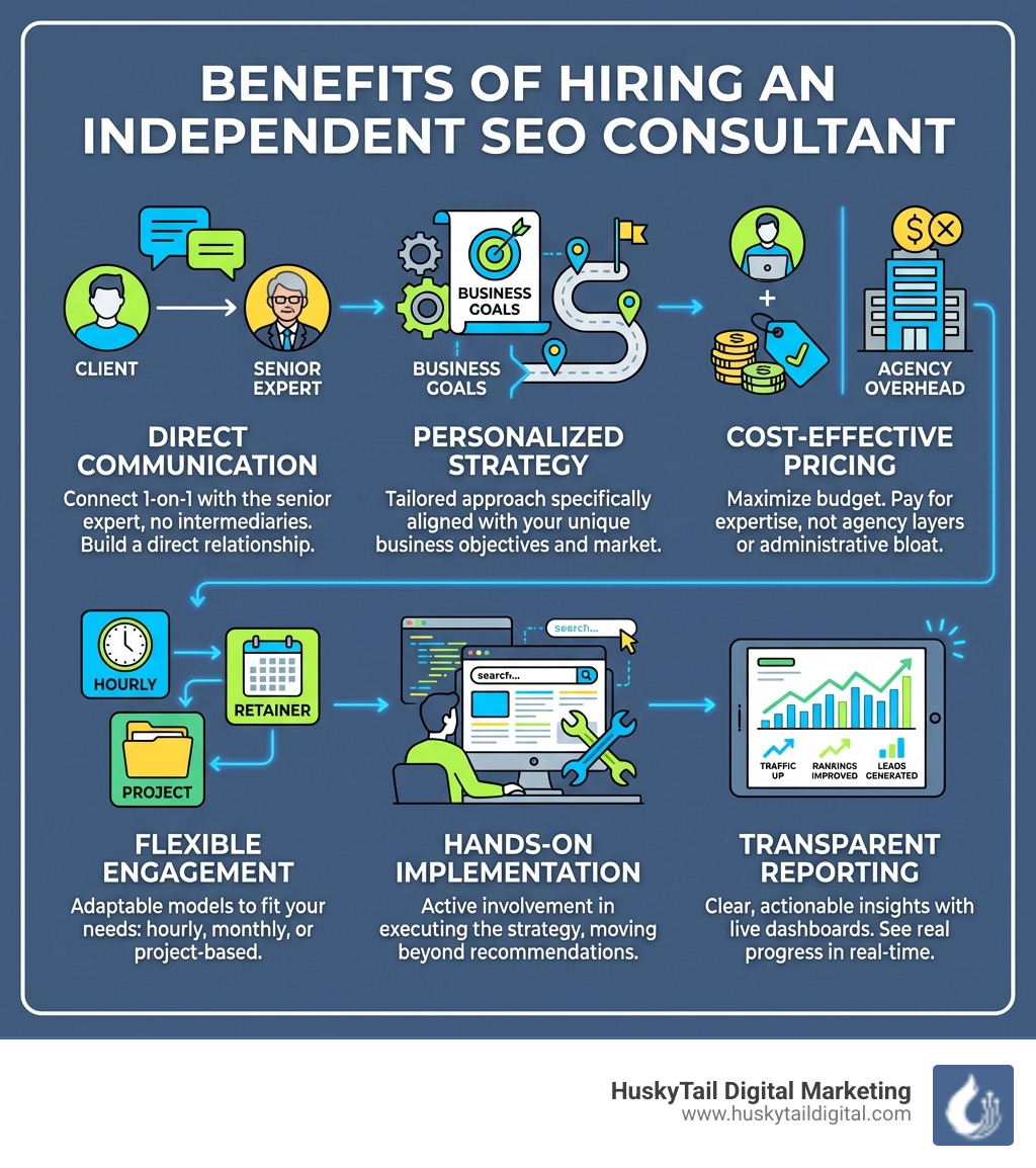 infographic showing benefits of hiring independent seo consultant including direct communication with senior expert, personalized strategy tailored to business goals, cost-effective pricing without agency overhead, flexible engagement models, hands-on implementation support, and transparent reporting with live dashboards - independent seo consultant infographic 