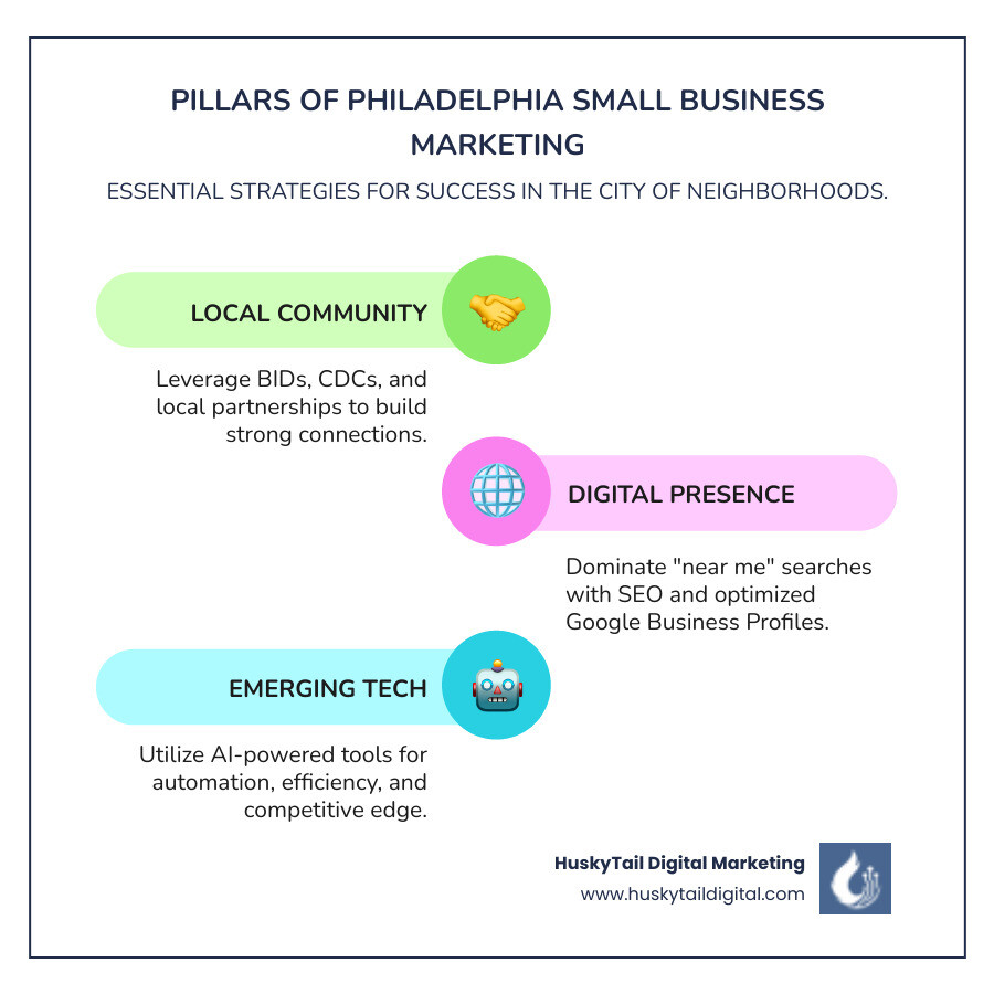 Infographic showing three pillars of Philadelphia small business marketing: Local Community Resources including BIDs and CDCs, Digital Presence including SEO and Google Business Profile, and Emerging Technology including AI automation tools - small business marketing Philadelphia infographic infographic-line-3-steps-colors Infographic showing three pillars of Philadelphia small business marketing: Local Community Resources including BIDs and CDCs, Digital Presence including SEO and Google Business Profile, and Emerging Technology including AI automation tools - small business marketing Philadelphia infographic infographic-line-3-steps-colors