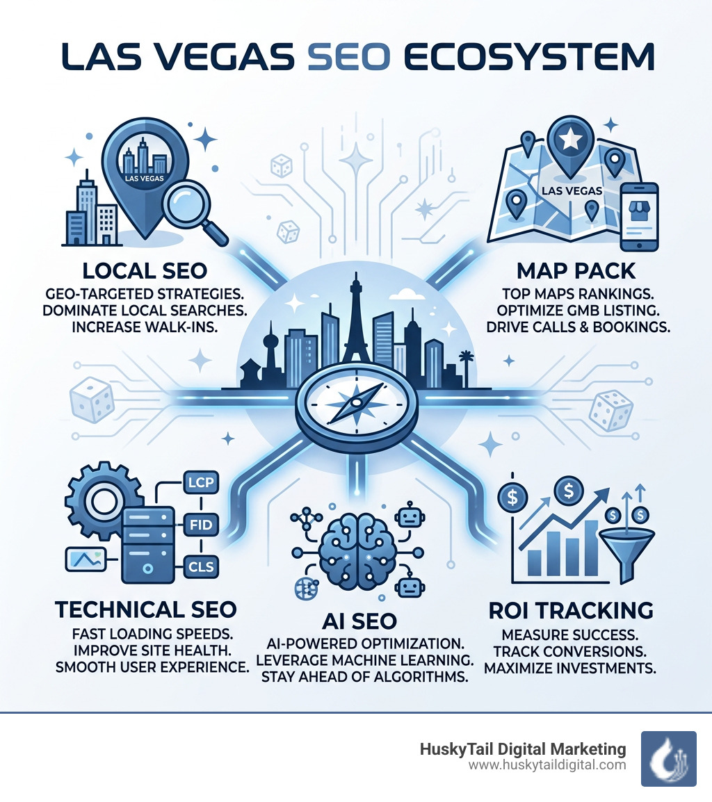 Infographic showing the Las Vegas SEO ecosystem: Local SEO, Technical SEO, AI SEO, Map Pack, and ROI tracking - seo