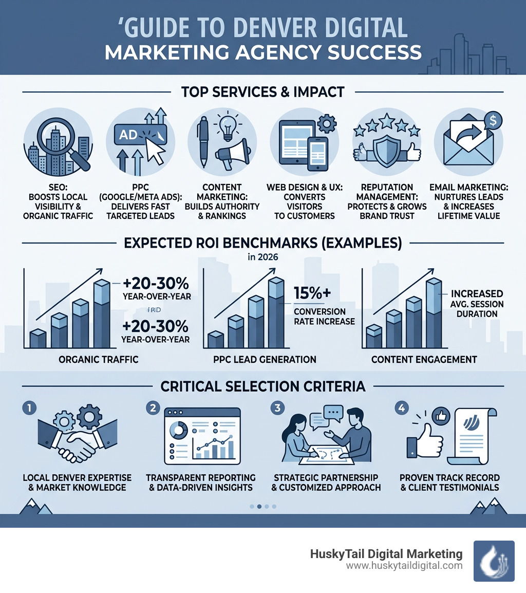 Infographic showing Denver digital marketing agency services, ROI benchmarks, and selection criteria - digital marketing