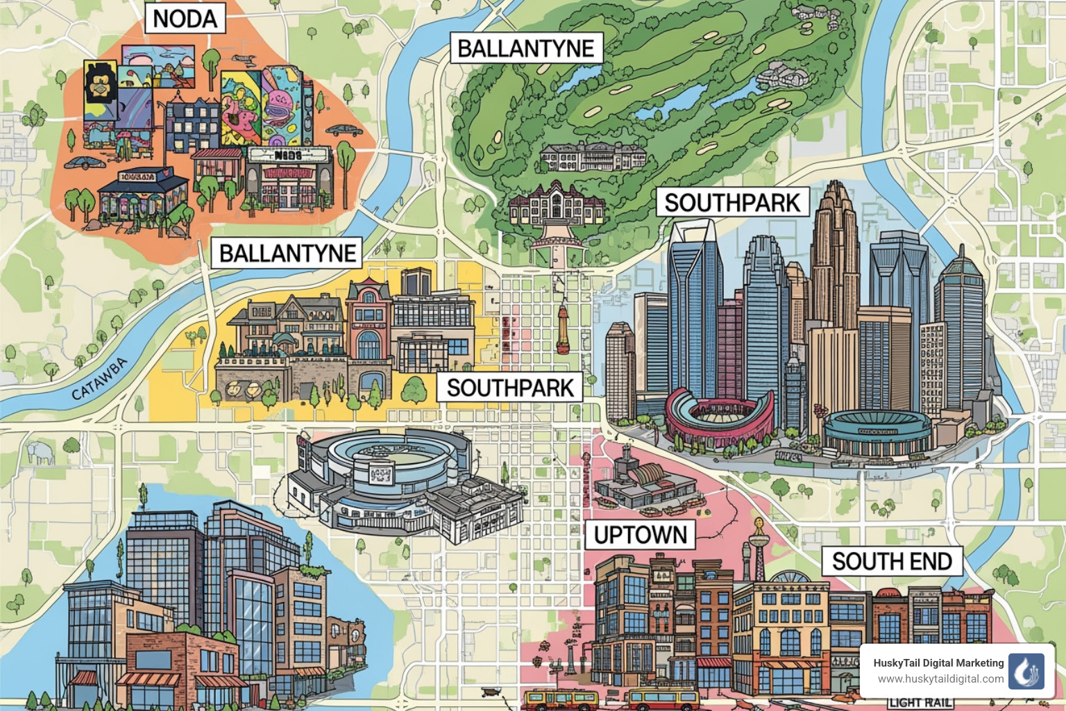 Map highlighting key Charlotte neighborhoods such as NoDa, Ballantyne, SouthPark, Uptown, and South End, illustrating the diverse local market segments within the city. - charlotte search engine marketing services