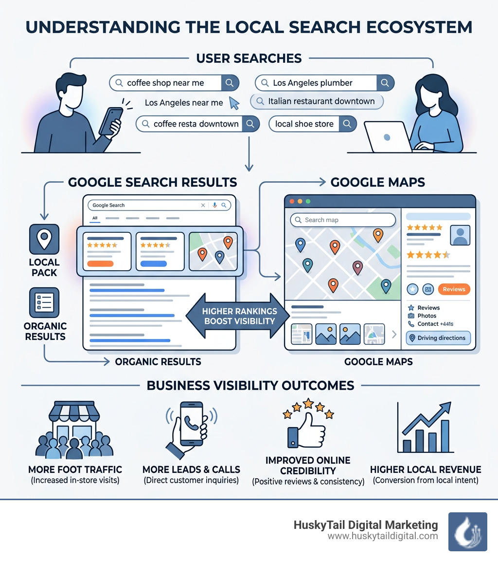 Infographic showing the local search ecosystem: user searches, Google Local Pack, Google Maps, and business visibility Infographic showing the local search ecosystem: user searches, Google Local Pack, Google Maps, and business visibility