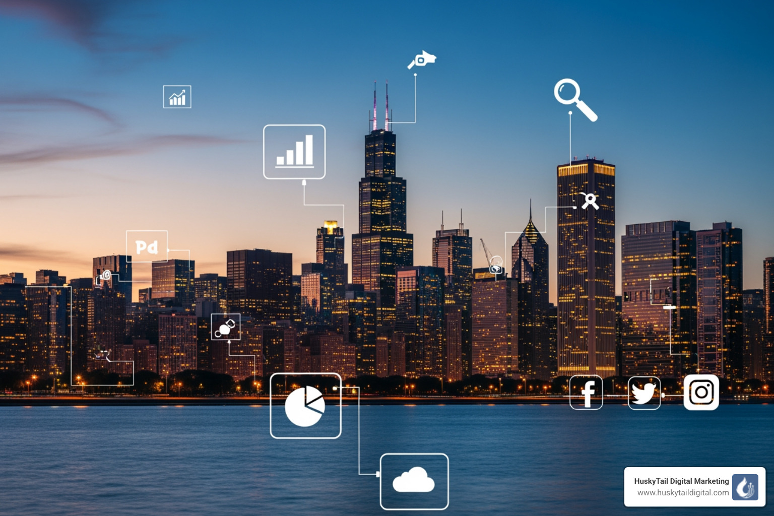 Chicago skyline with digital marketing icons - chicago seo firm