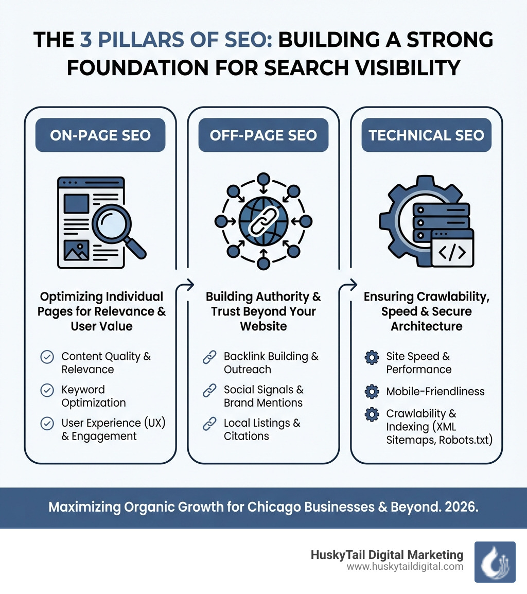 Infographic explaining the 3 pillars of SEO: On-Page, Off-Page, and Technical. - chicago seo firm infographic 