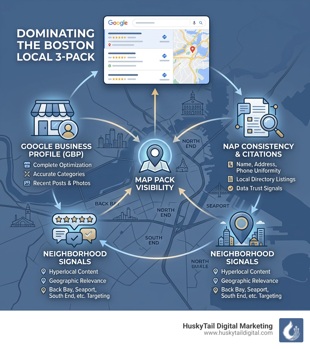 Boston local SEO Local 3-Pack ecosystem infographic showing GBP, NAP, reviews, and neighborhood signals - boston local seo