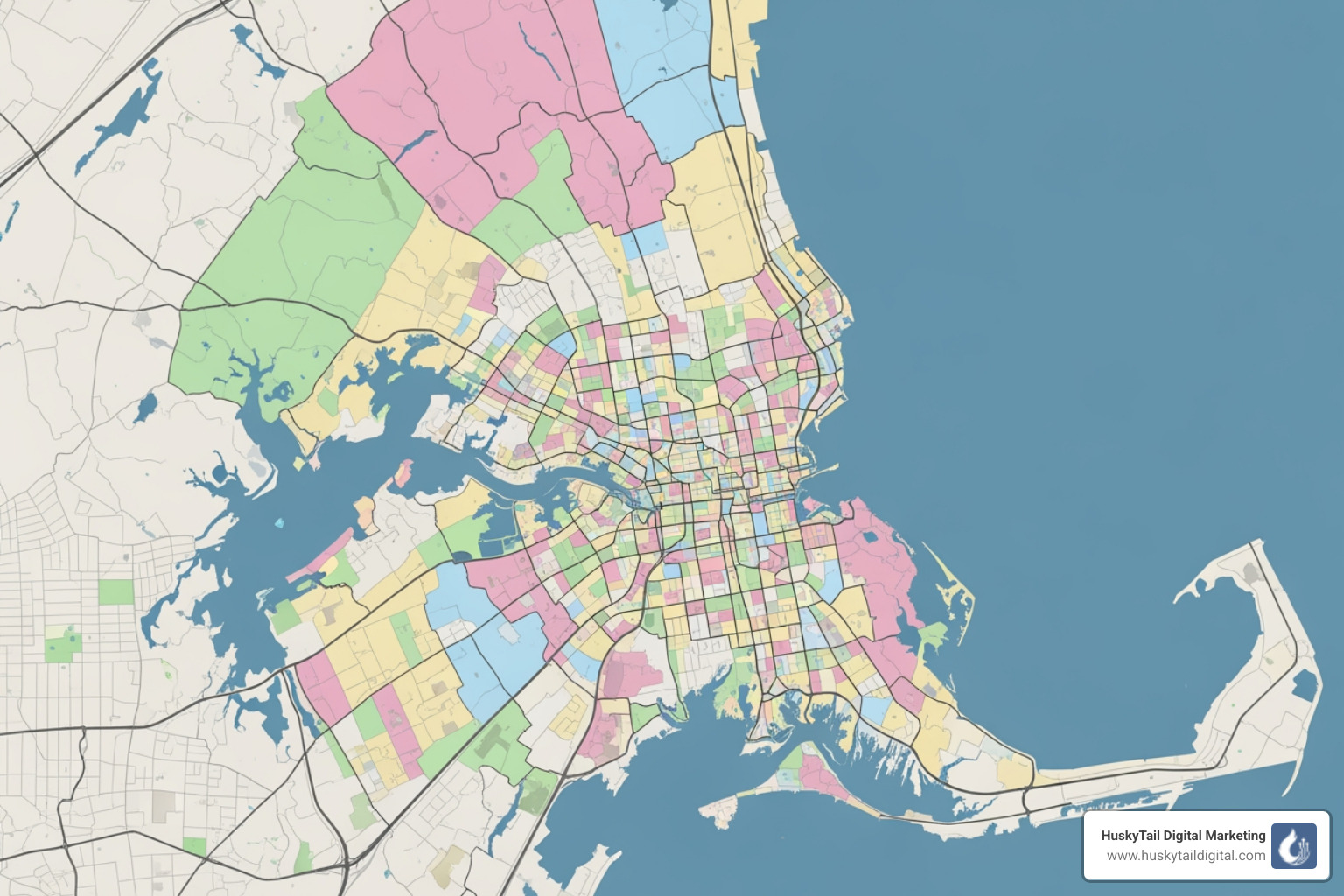Map of Boston neighborhoods for hyper-local targeting strategy - boston local seo