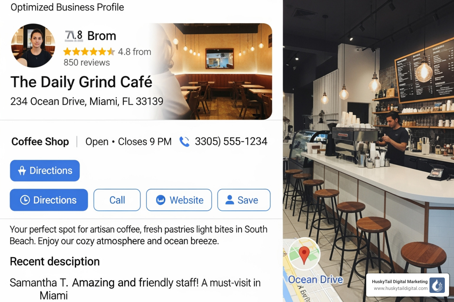 Optimized Google Business Profile for a fictional Miami cafe - local search optimization miami